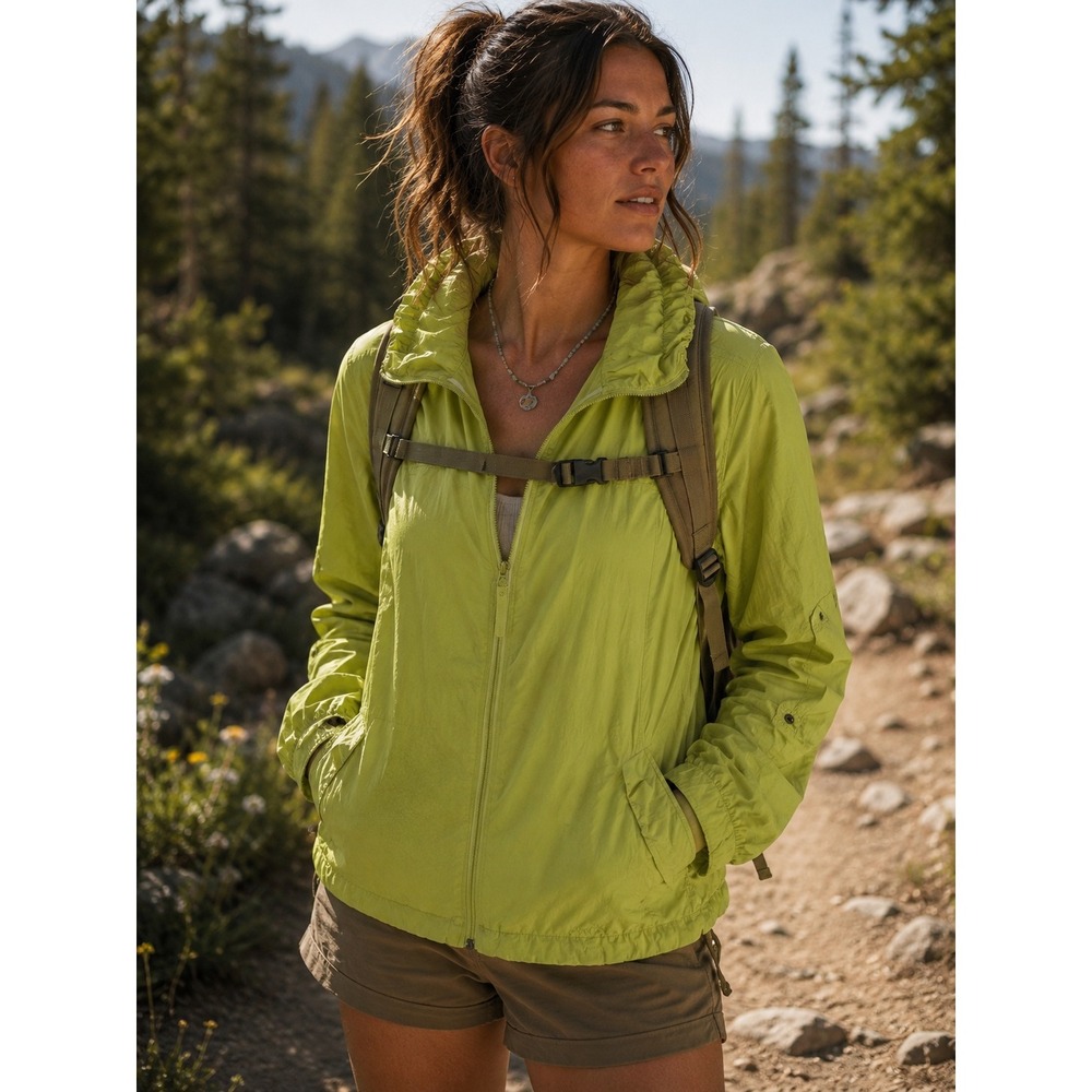 Eddie Bauer Travex Womens XL Lime Green Nylon Full Zip Ruffle Windbreaker Jacket